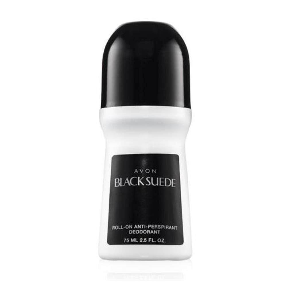Close-up of AVON Black Suede fragrance bottle showcasing masculine scent.