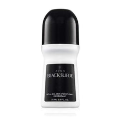 Close-up of AVON Black Suede fragrance bottle showcasing masculine scent.