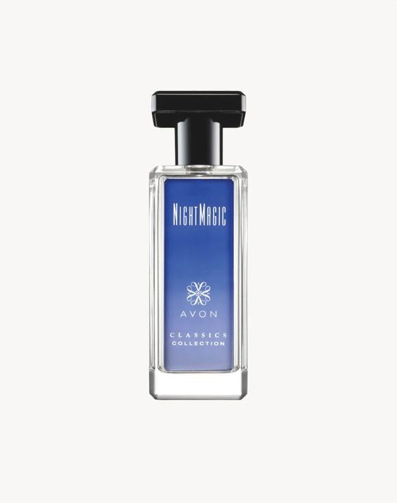 AVON Classics Night Magic bottle close-up on sleek travel-size packaging.