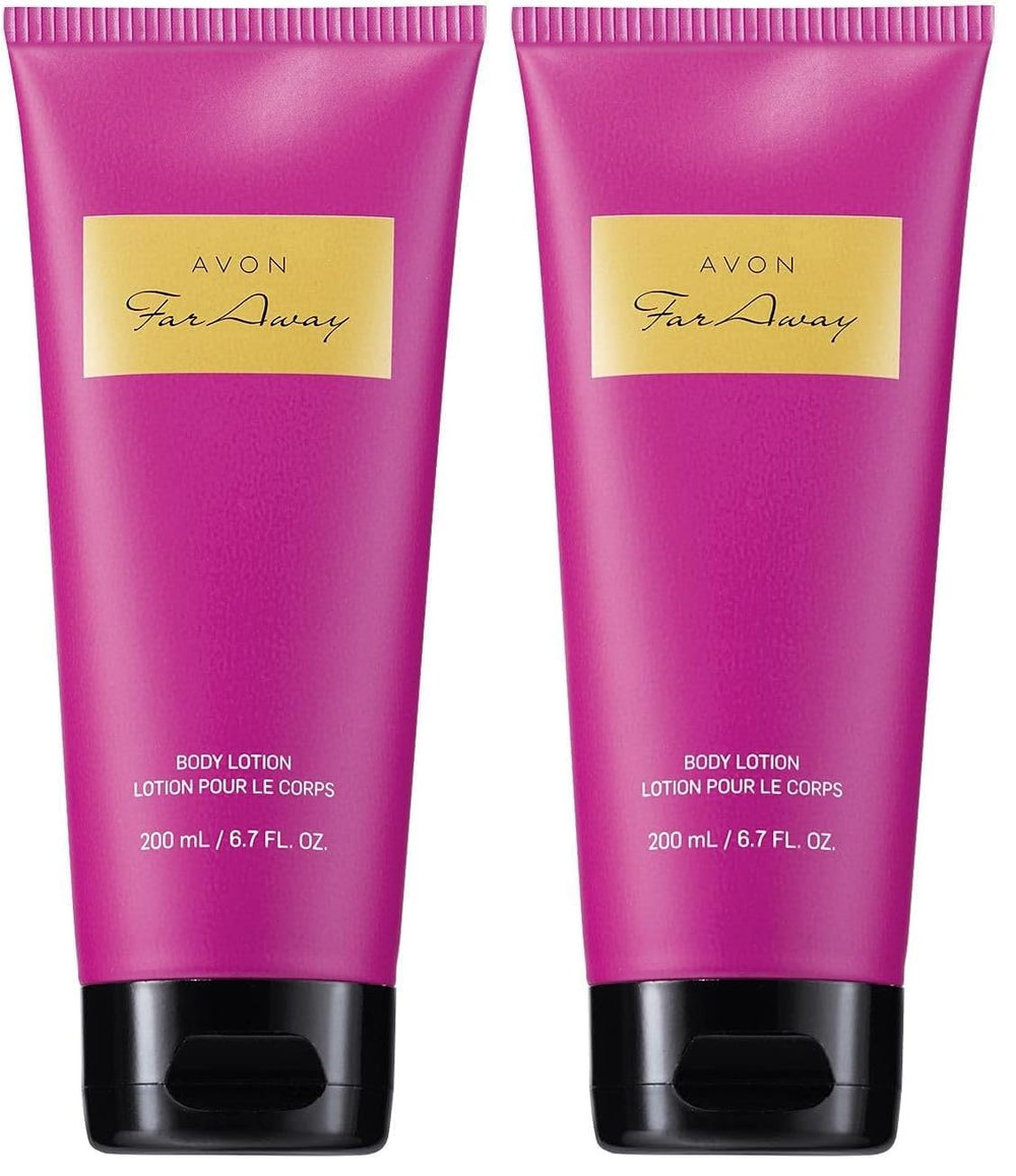 AVON Far Away Liberating body lotion, pack of 2, softly nourishes skin and leaves a light fragrance.