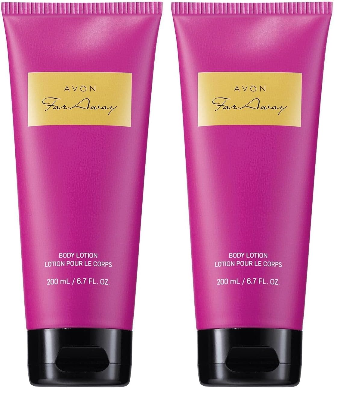 AVON Far Away Liberating body lotion, pack of 2, softly nourishes skin and leaves a light fragrance.