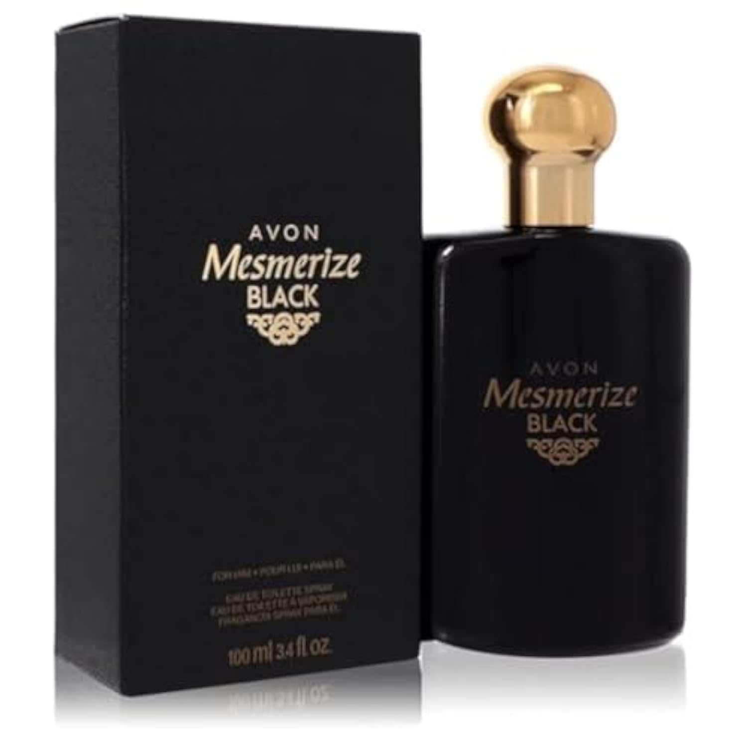 Avon Mesmerize Black for Men bottle close-up, highlighting a bold, enduring scent.