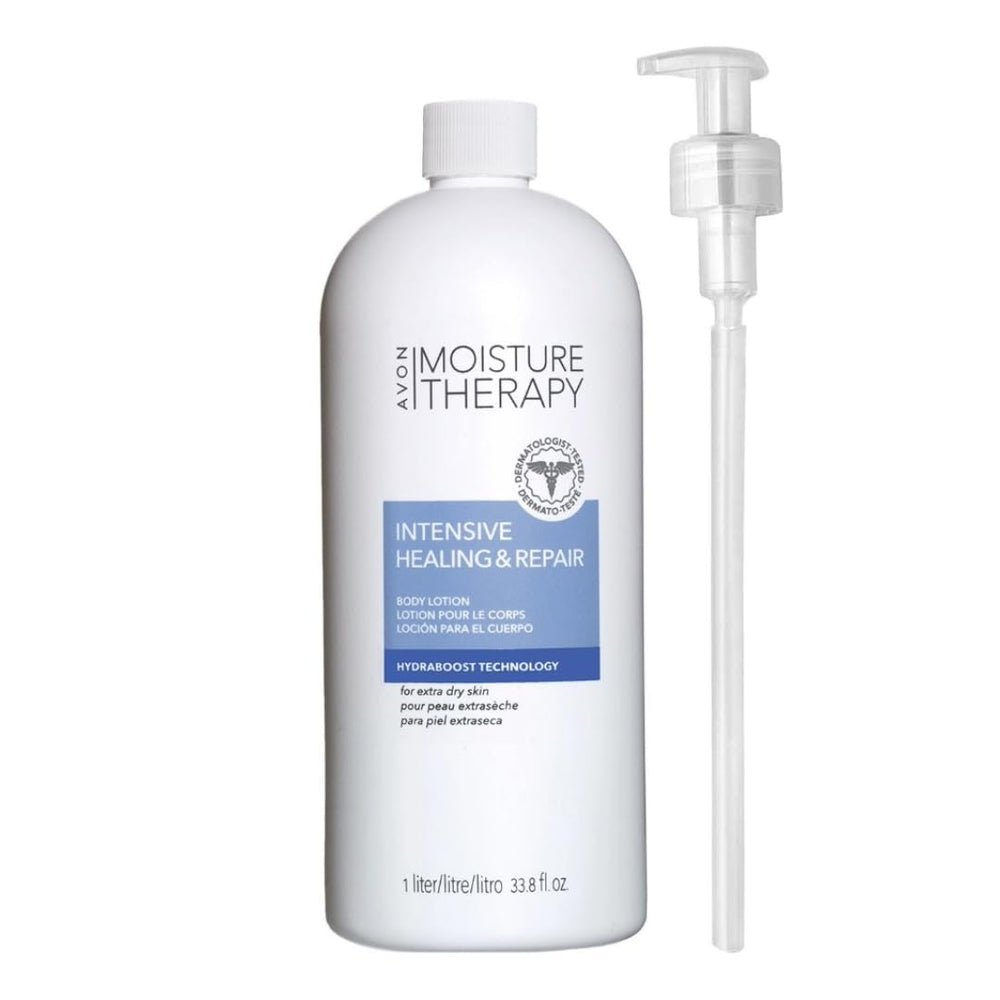 Avon Moisture Therapy bottle with pump provides 24-hour hydration for sensitive skin.