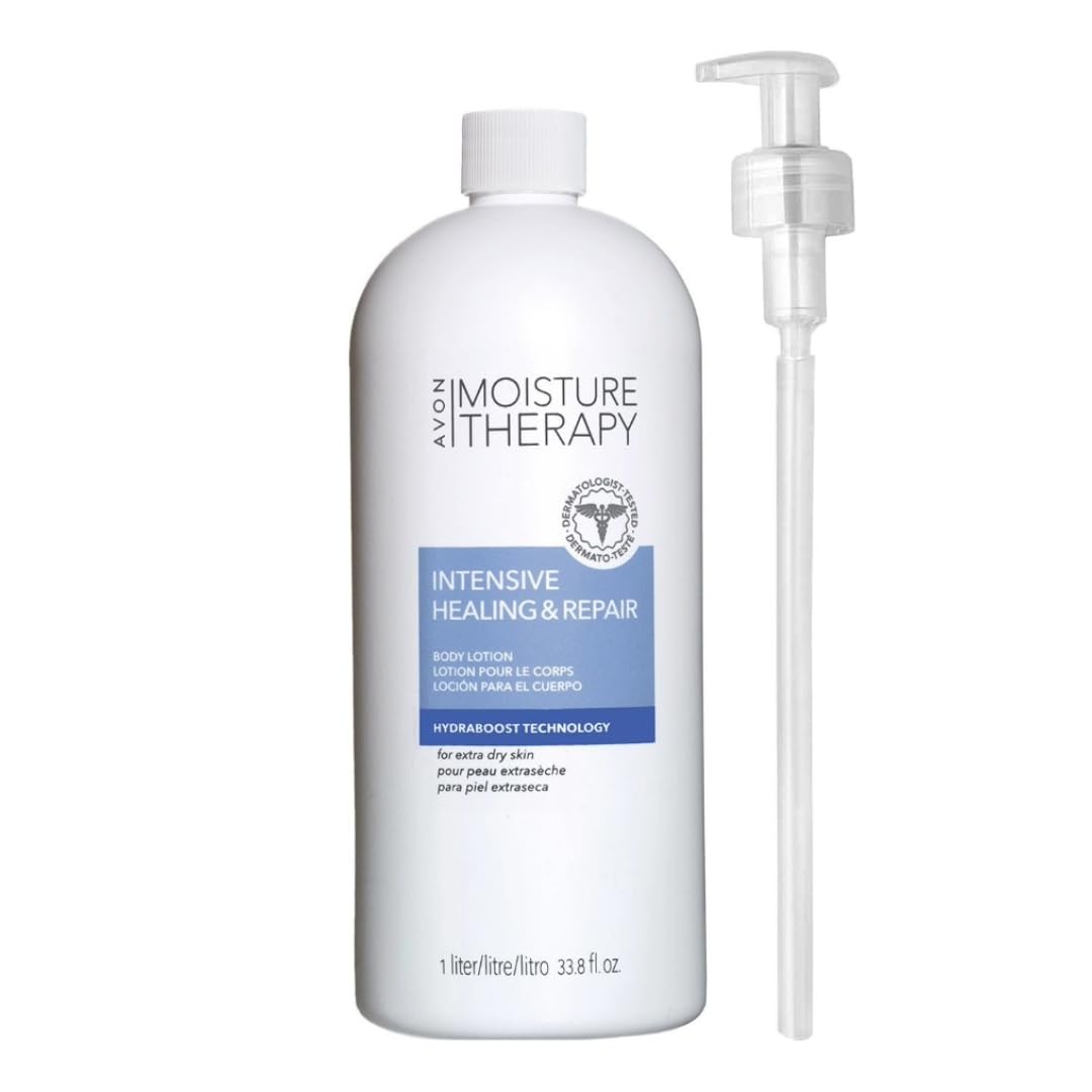 Avon Moisture Therapy bottle with pump provides 24-hour hydration for sensitive skin.