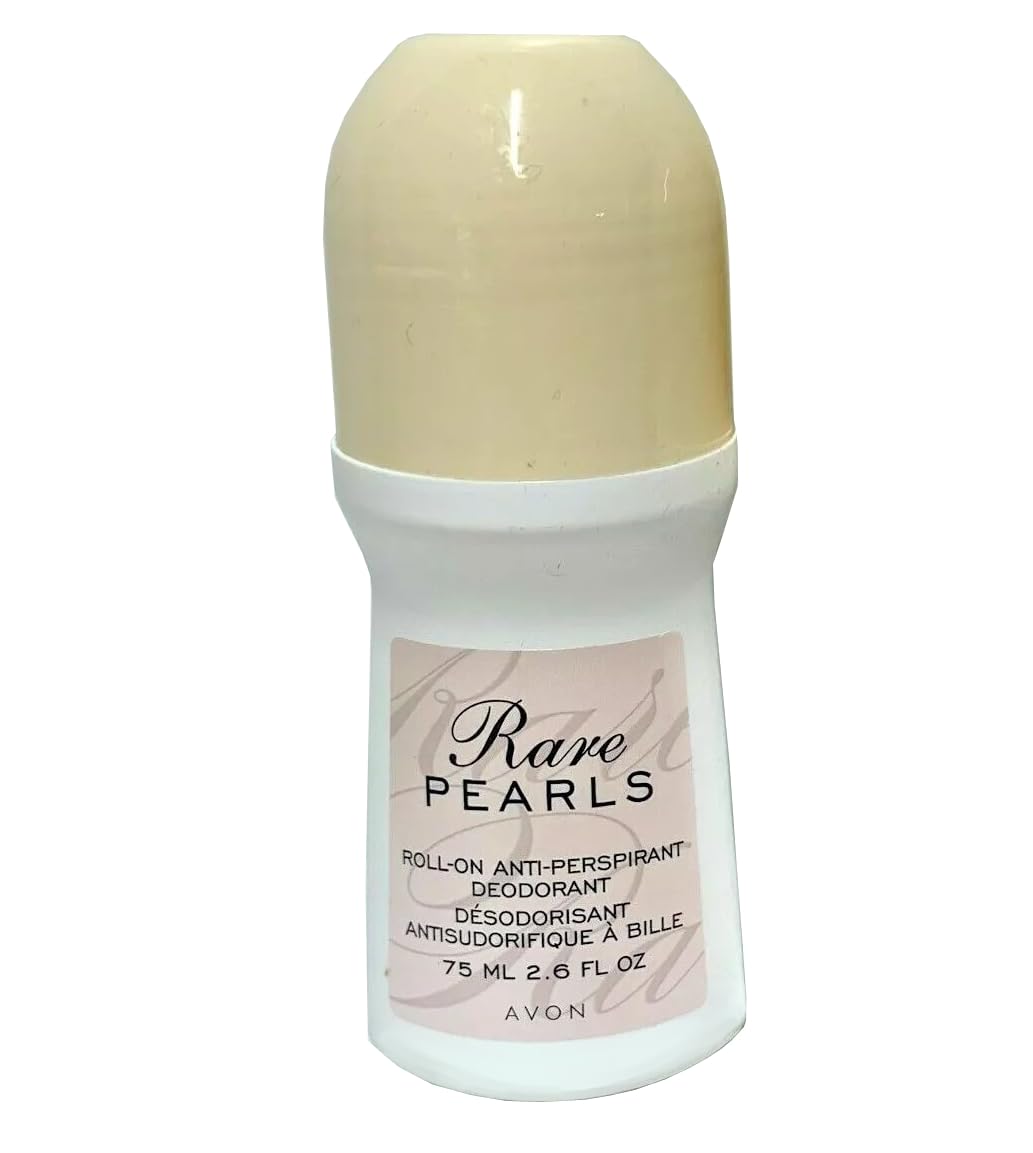 AVON Rare Pearls Roll-On Deodorant bottle shows smooth glide for all-day freshness