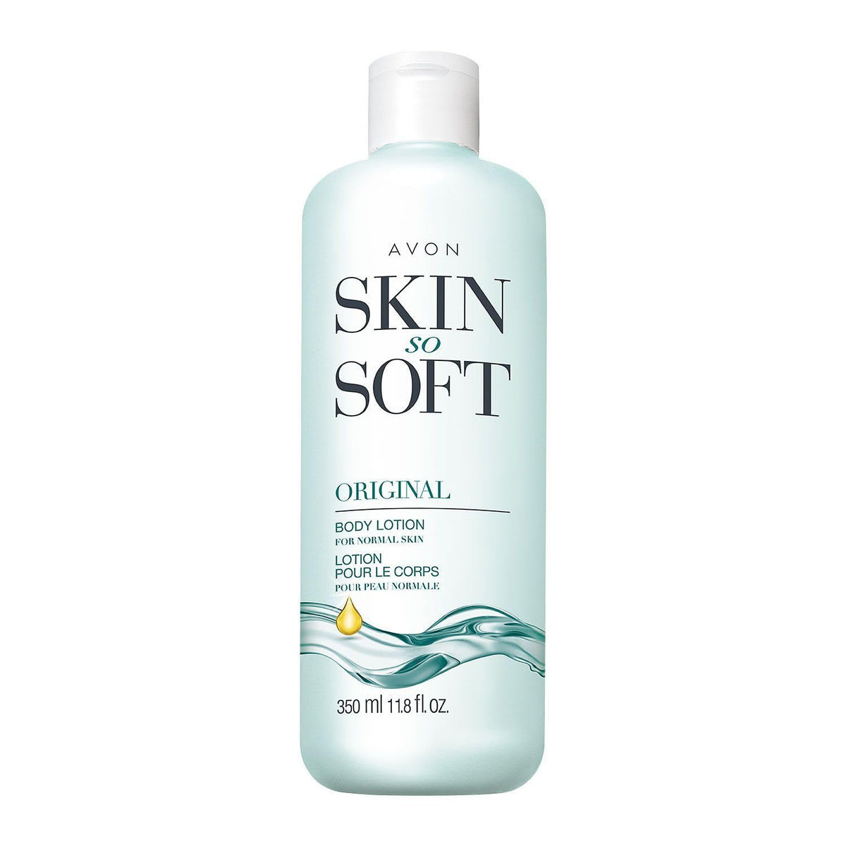 AVON Skin So Soft Original bottle front view highlighting lasting hydration.
