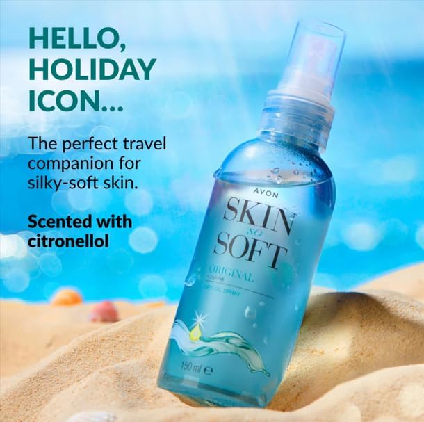 On-the-go use with AVON Skin So Soft Original Dry Oil Spray in a bag.