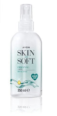 Close-up of AVON Skin So Soft bottle showing lightweight, fast-absorbing formula.