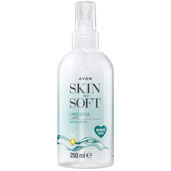 AVON Skin So Soft Original Dry Oil Spray bottle showing quick-absorption texture for silky skin
