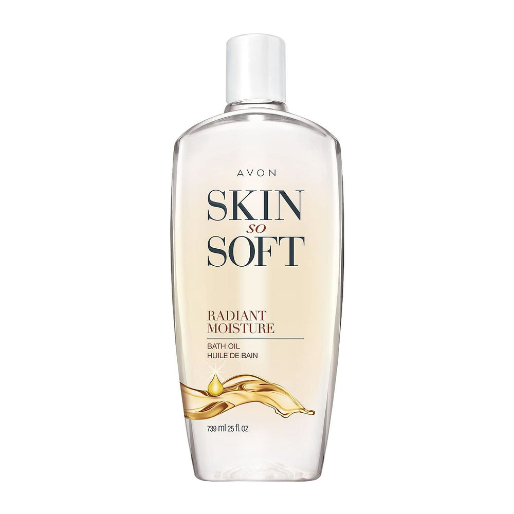 AVON Skin So Soft Radiant Moisture Bath Oil bottle for deep hydration and glow.