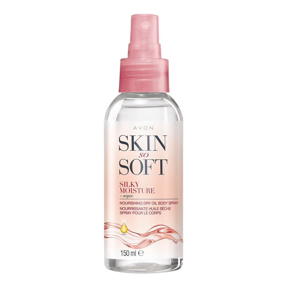 AVON Skin So Soft Silky Moisture Dry Oil Spray bottle applying smoothly and absorbing quickly.