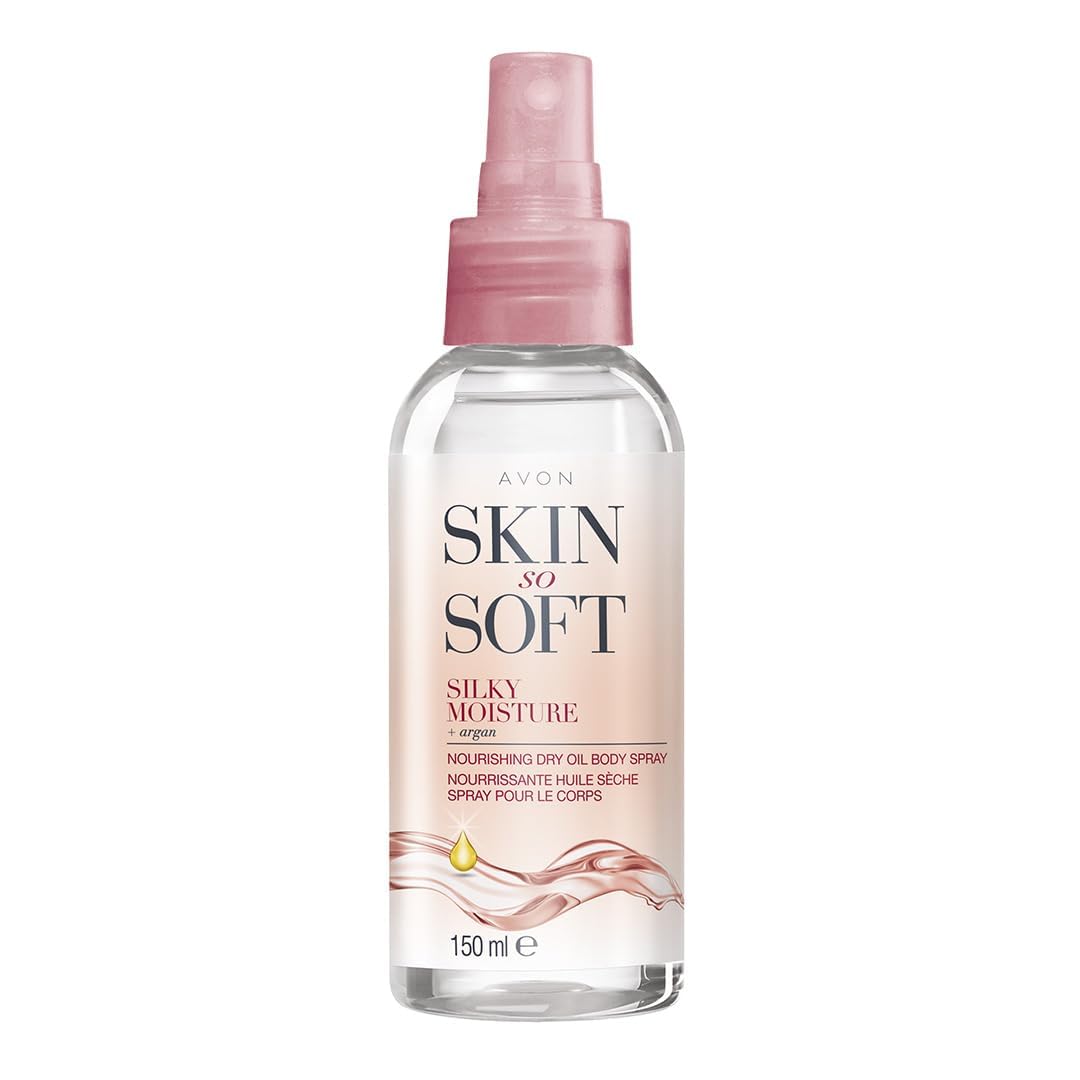 AVON Skin So Soft Silky Moisture Dry Oil Spray bottle applying smoothly and absorbing quickly.