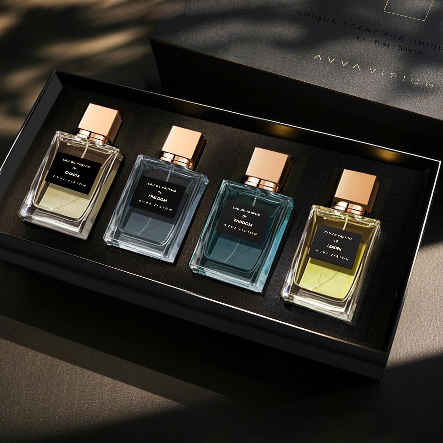 AVVA VISION four-piece fragrance collection for versatile daily wear.