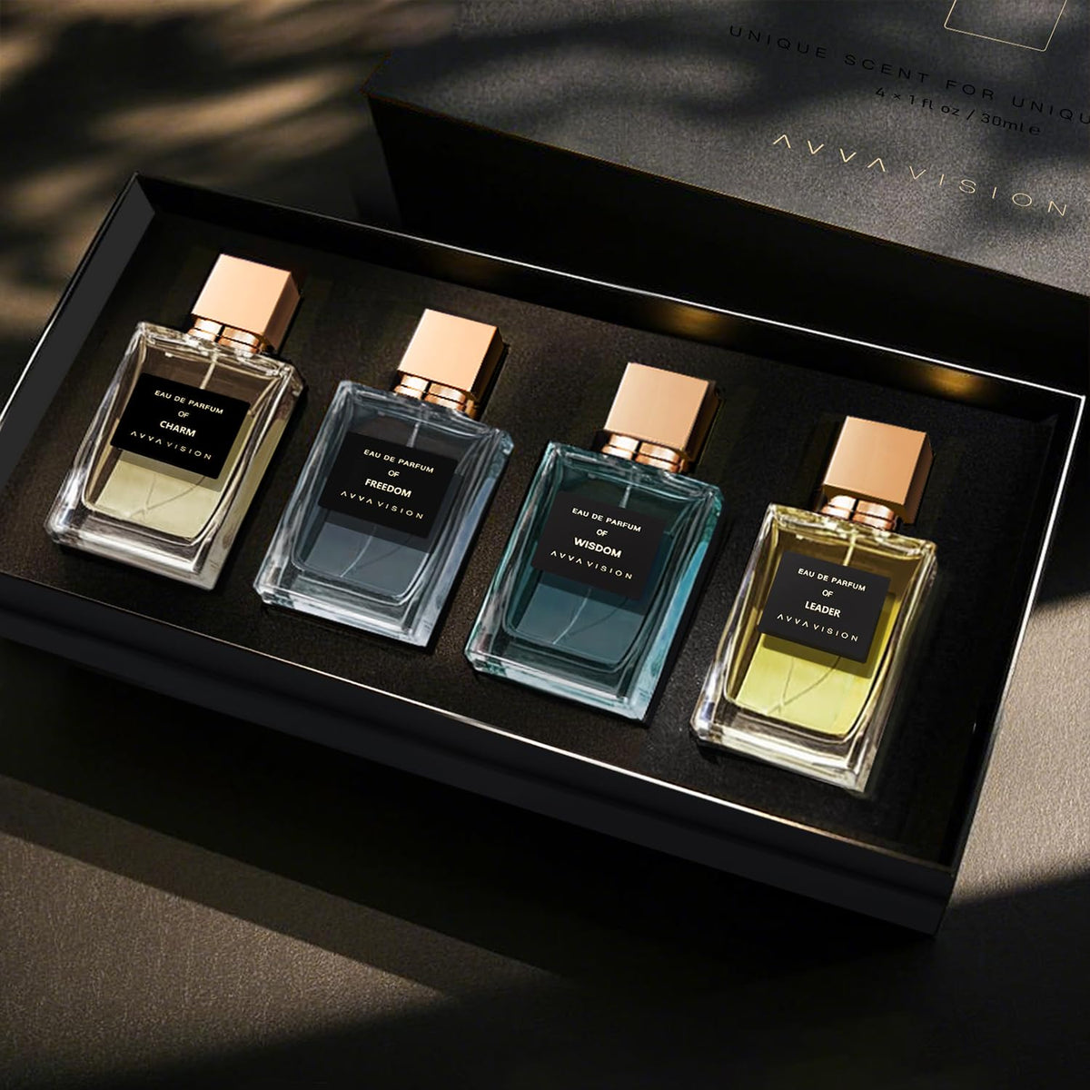 AVVA VISION four-piece fragrance collection for versatile daily wear.