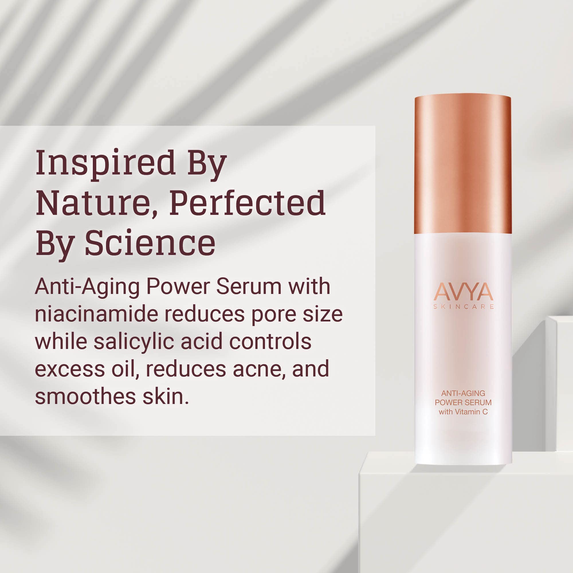 AVYA Anti-Aging Power Serum bottle close-up highlighting potent ingredients for rejuvenation.