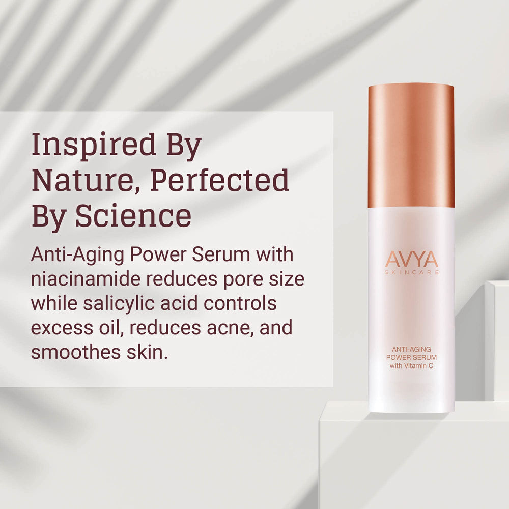 AVYA Anti-Aging Power Serum bottle close-up highlighting potent ingredients for rejuvenation.