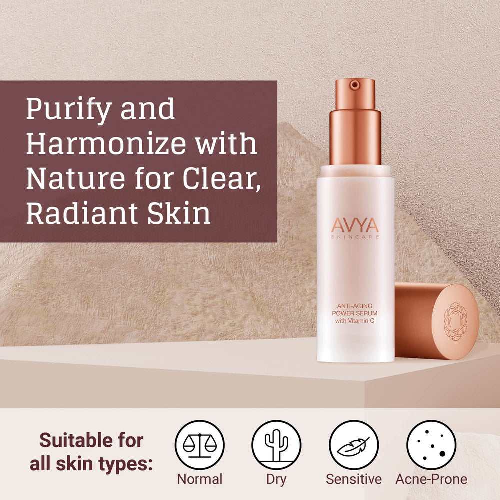 AVYA Anti-Aging Power Serum in hand suggesting seamless routine layering.
