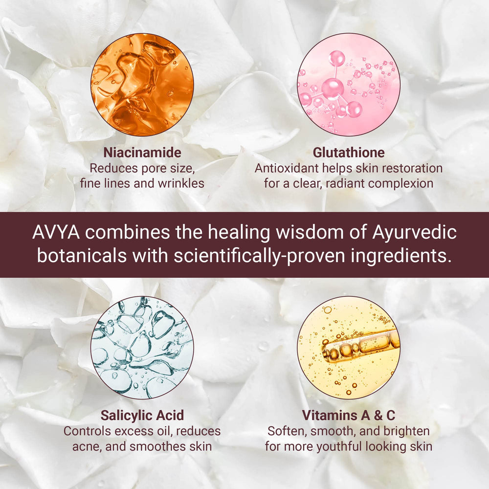 AVYA Anti-Aging Power Serum pump demonstrating easy daily application.