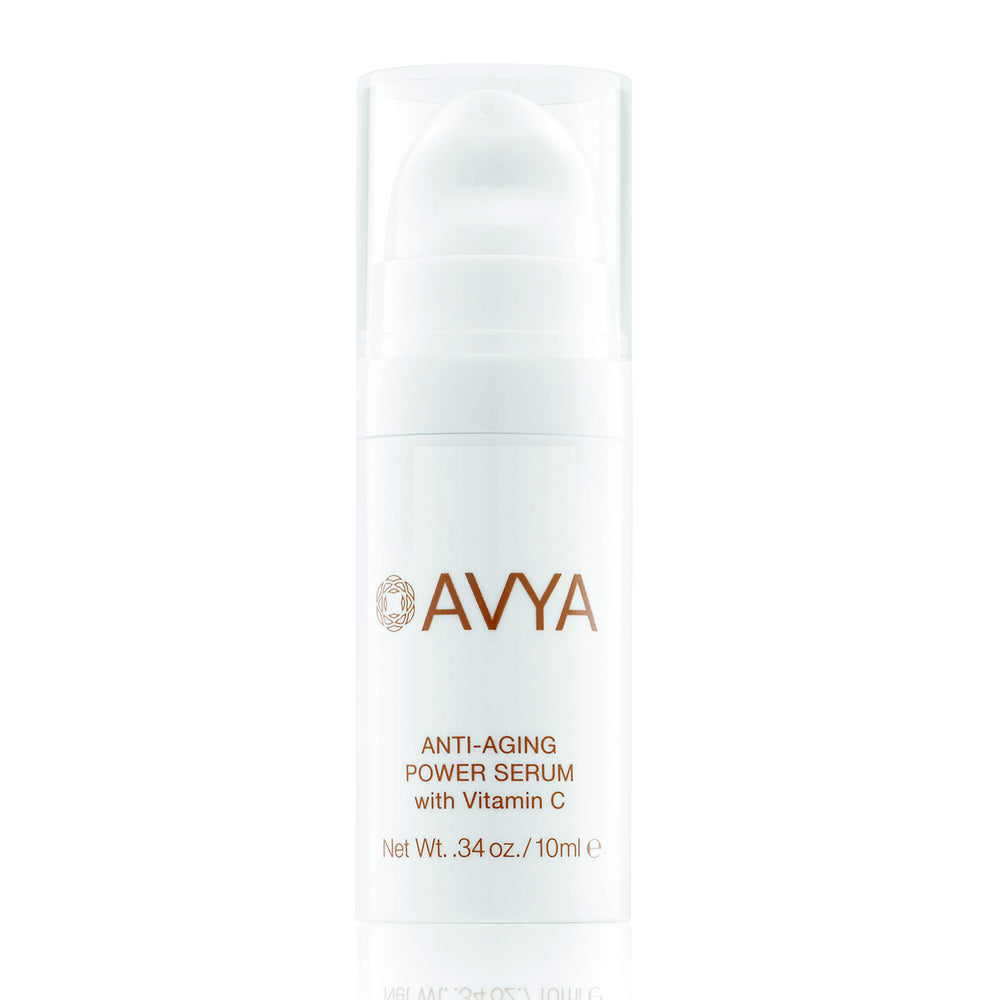 Avya Skincare Anti-Aging Power Serum bottle in travel size for on-the-go care.