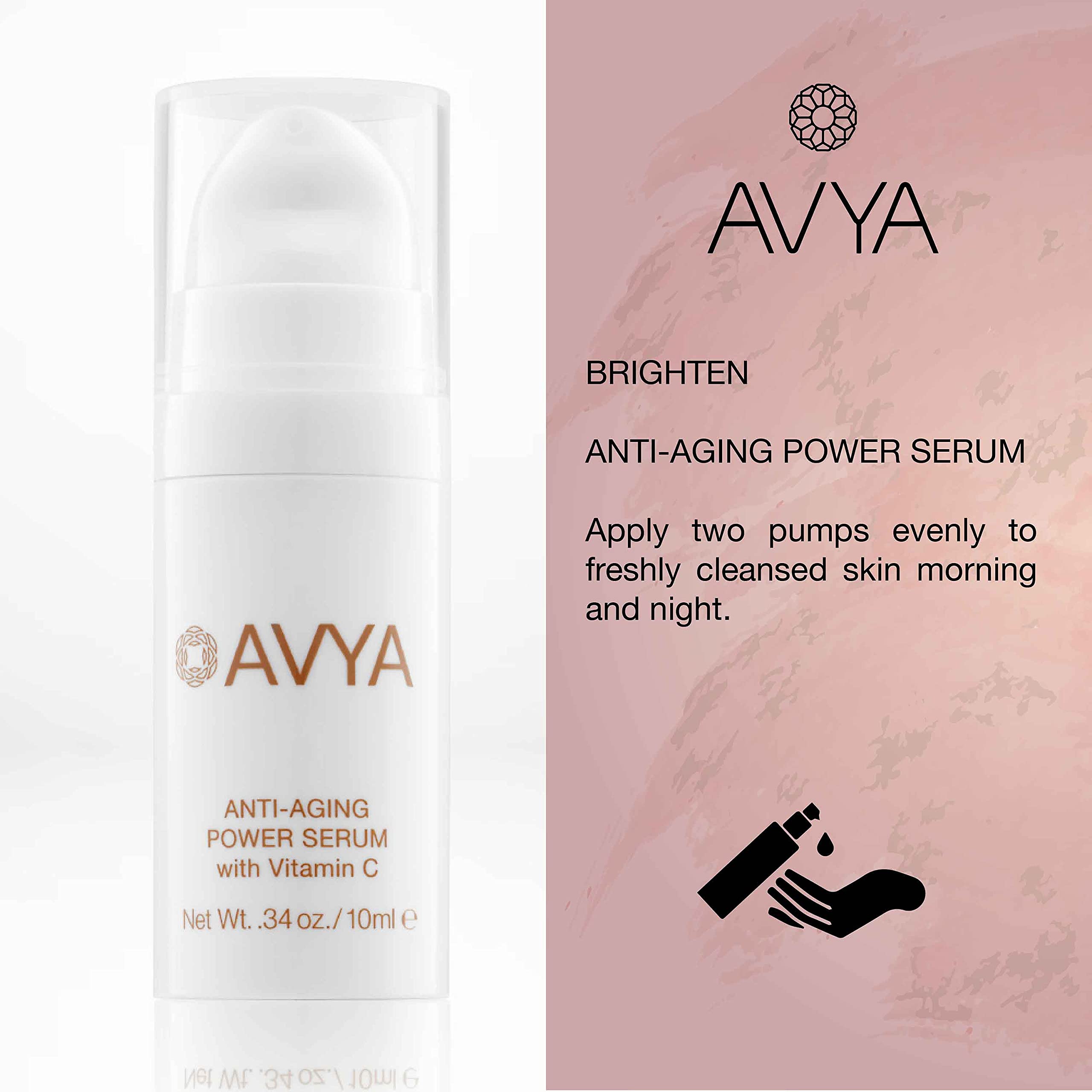 Avya Anti-Aging Serum bottle highlights retinol and antioxidants for smoother skin