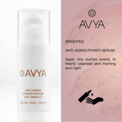 Avya Anti-Aging Serum bottle highlights retinol and antioxidants for smoother skin