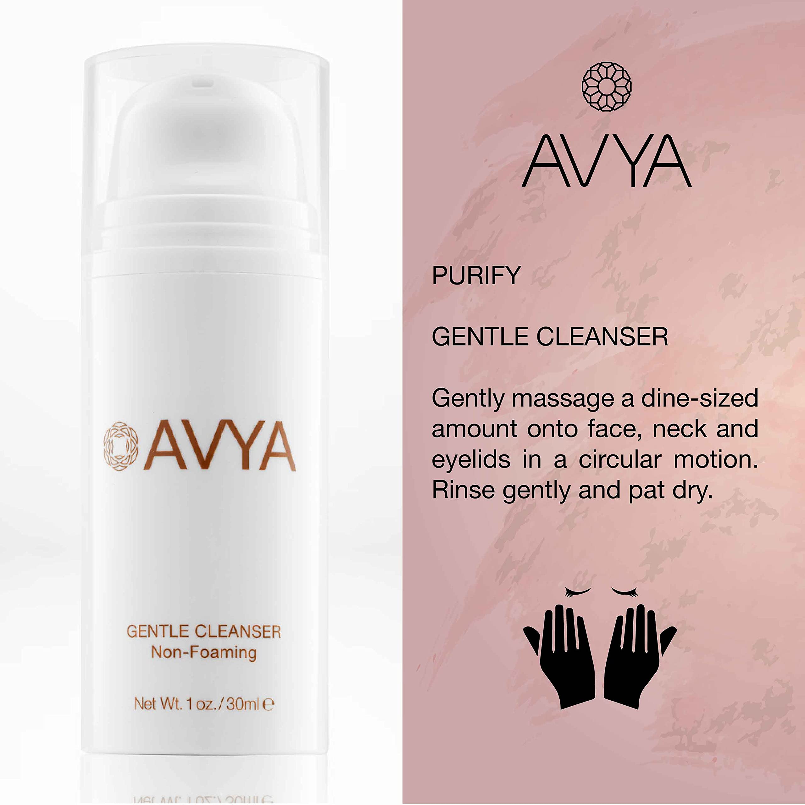 Avya Gentle Cleanser bottle shown for travel-friendly, gentle cleansing