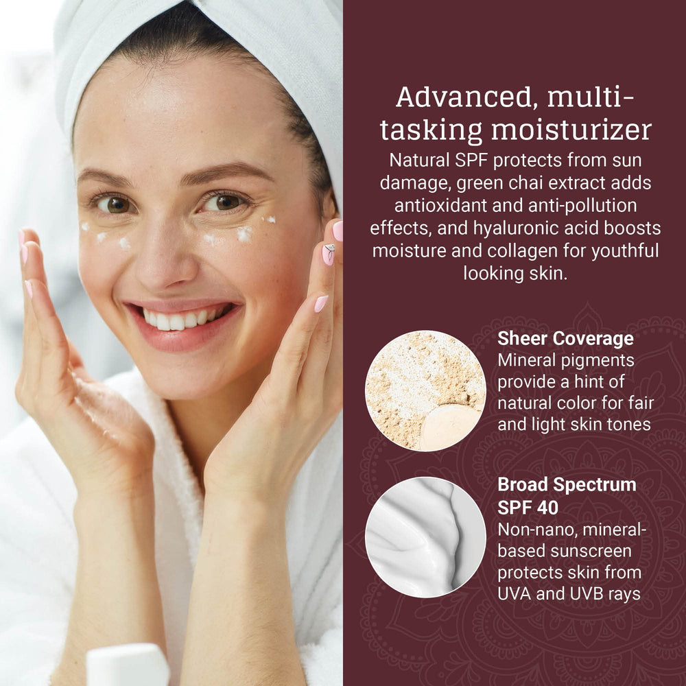 AVYA SPF 40 bottle in light highlights broad spectrum protection.