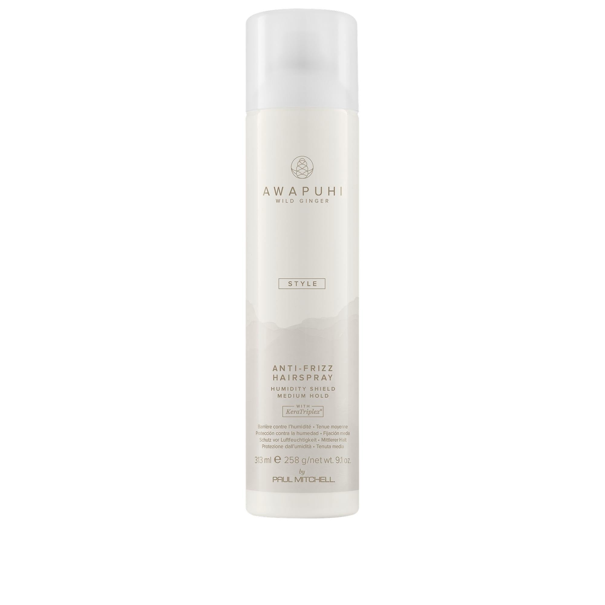 Awapuhi Wild Ginger hairspray bottle with frizz defense and even mist.