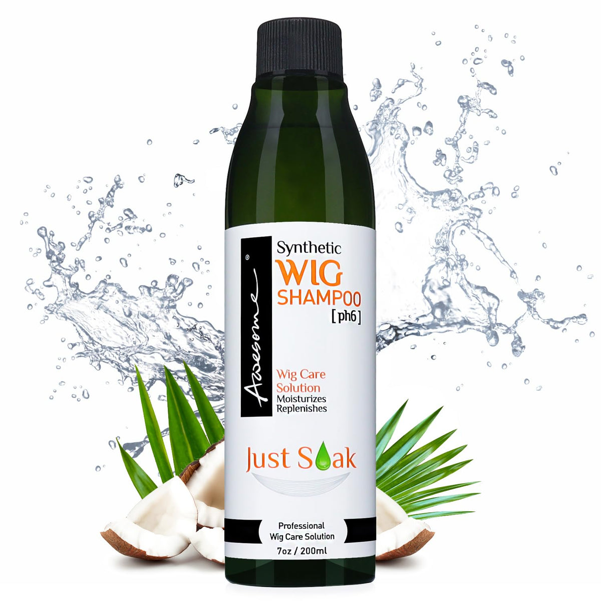 Awesome Synthetic Wig Shampoo bottle with a pH6 detangling formula.