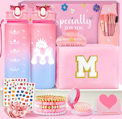 Awfrky initial makeup bag in pink with monogram detail for organized makeup on the go.