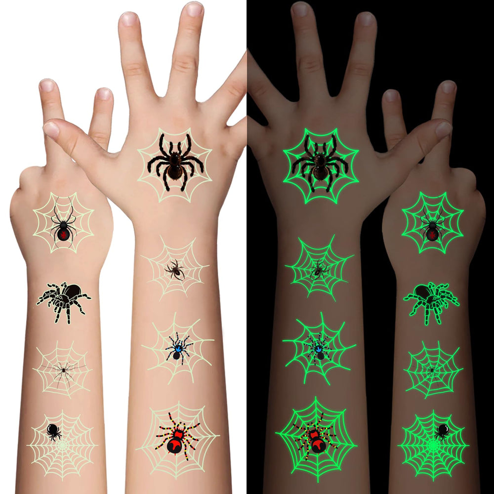 AWINMAY luminous spider tattoos glow in the dark, perfect for kids' Halloween costumes.