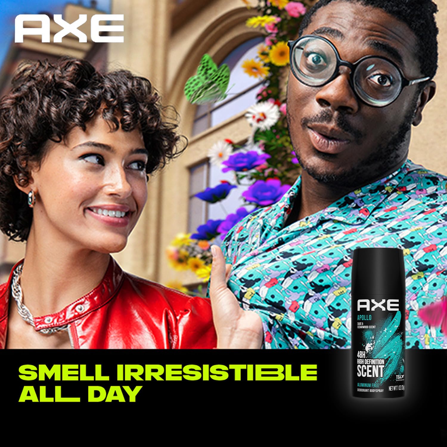 AXE Apollo fragrance label highlights sage and cedarwood notes.
