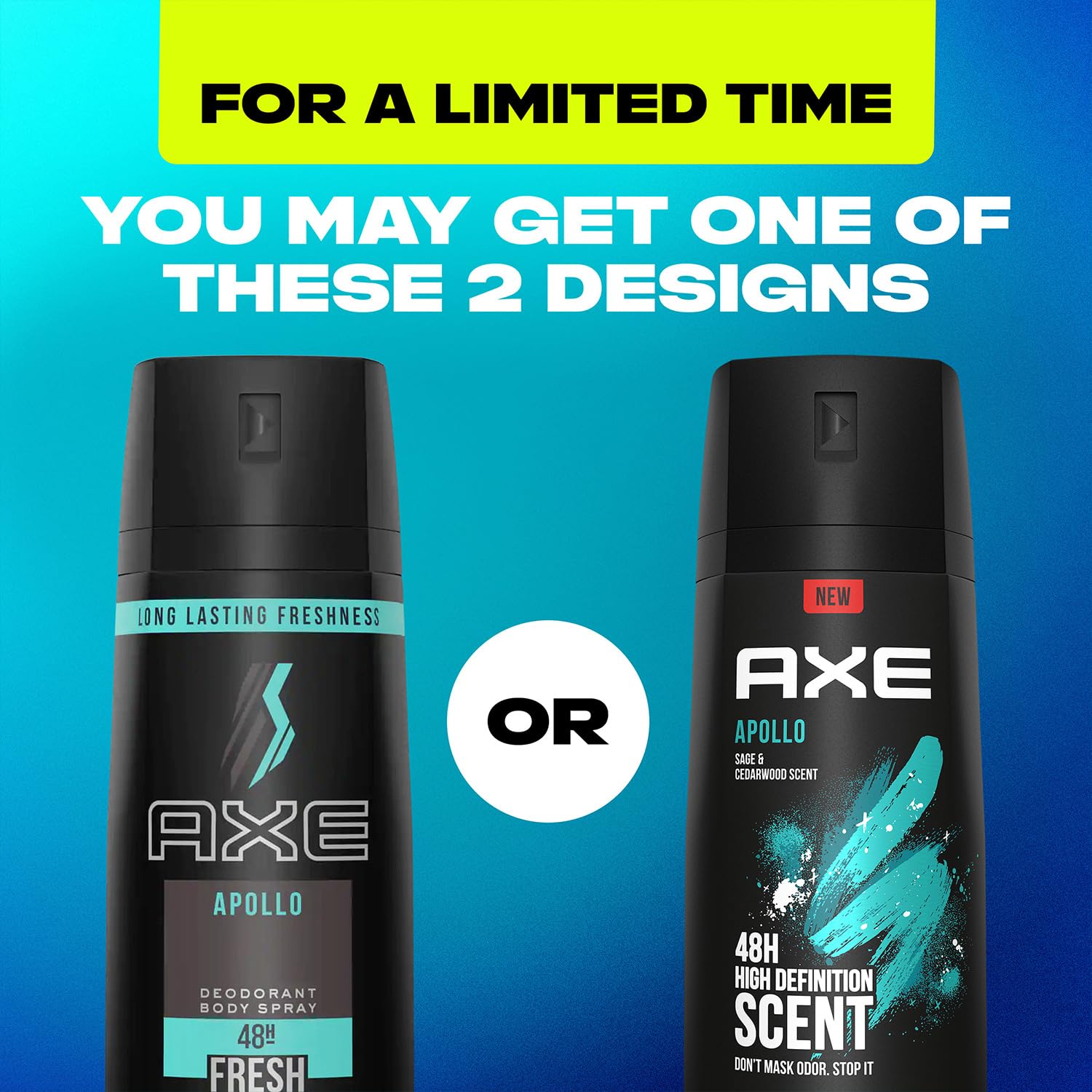 AXE Apollo odor-control technology in aluminum-free spray.