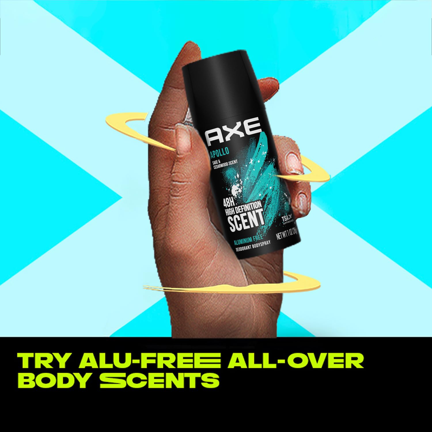 AXE Apollo travel-size packaging close-up for easy packing.