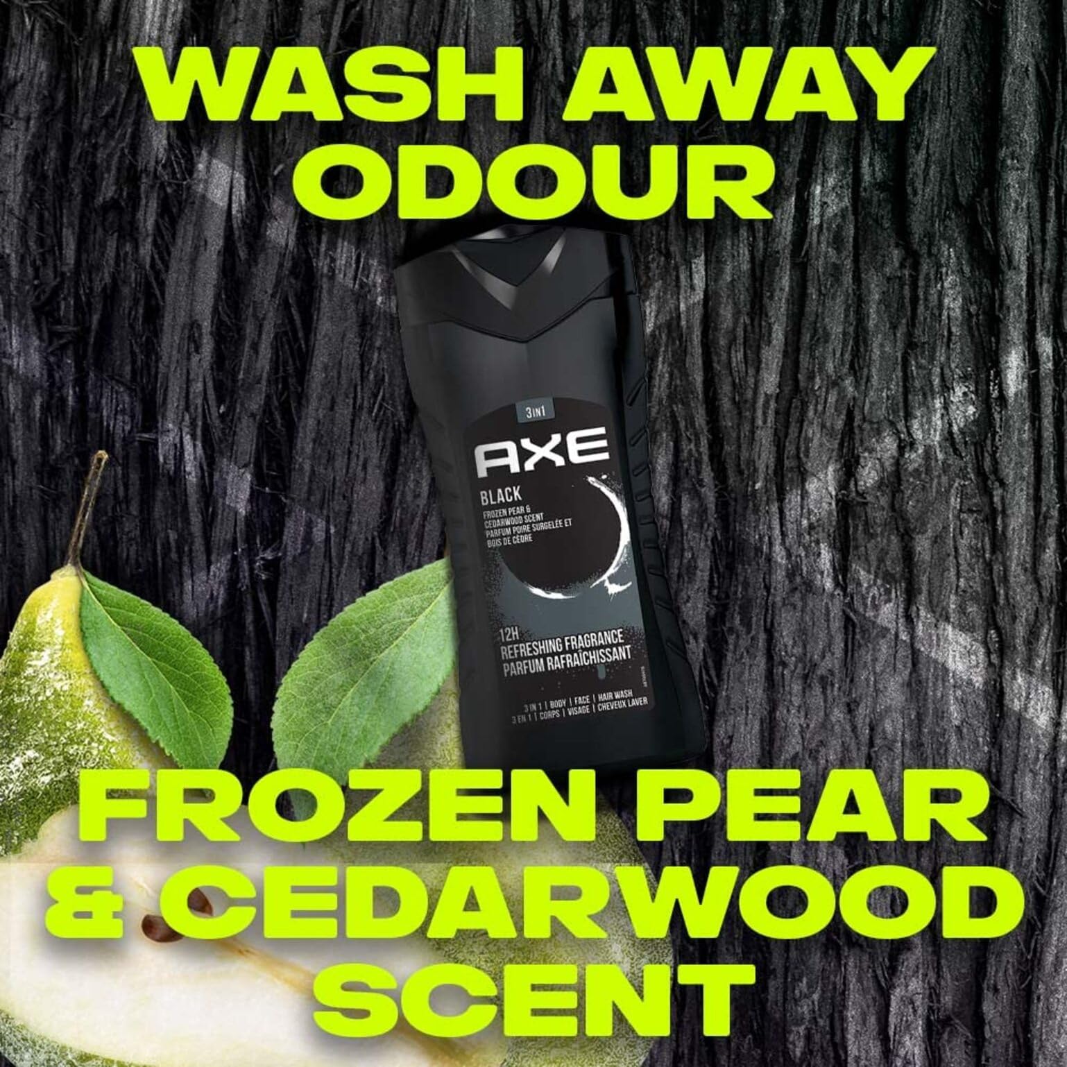 Fragrance swatch of AXE Black with Frozen Pear and Cedarwood notes.