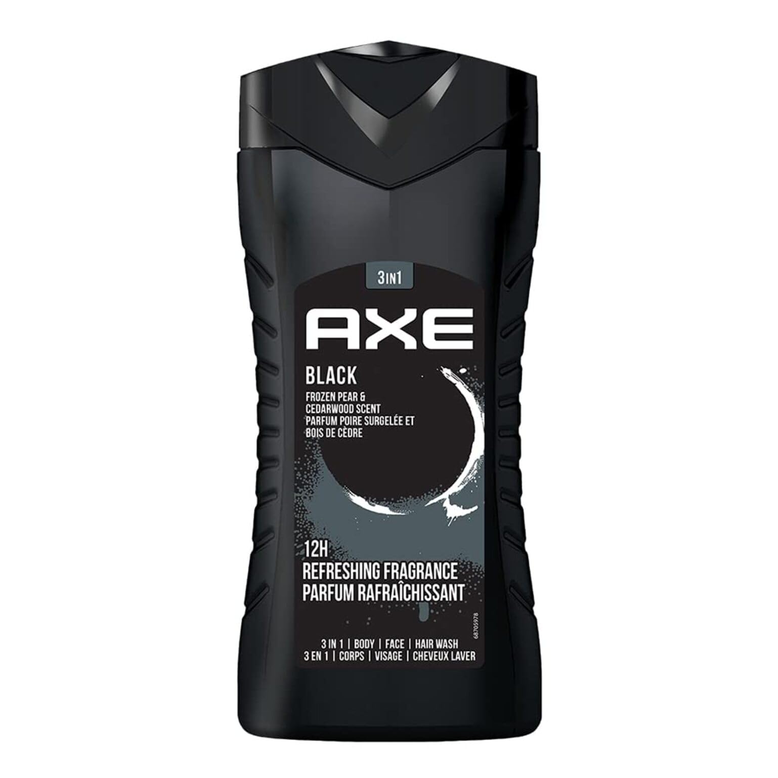 AXE Black bottle front view with Frozen Pear & Cedarwood scent for refreshing mornings.
