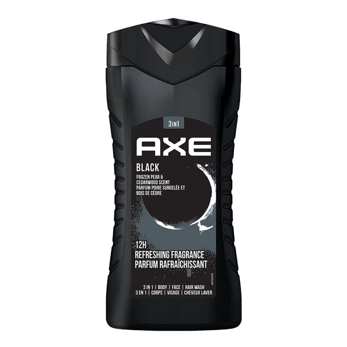 AXE Black bottle front view with Frozen Pear & Cedarwood scent for refreshing mornings.