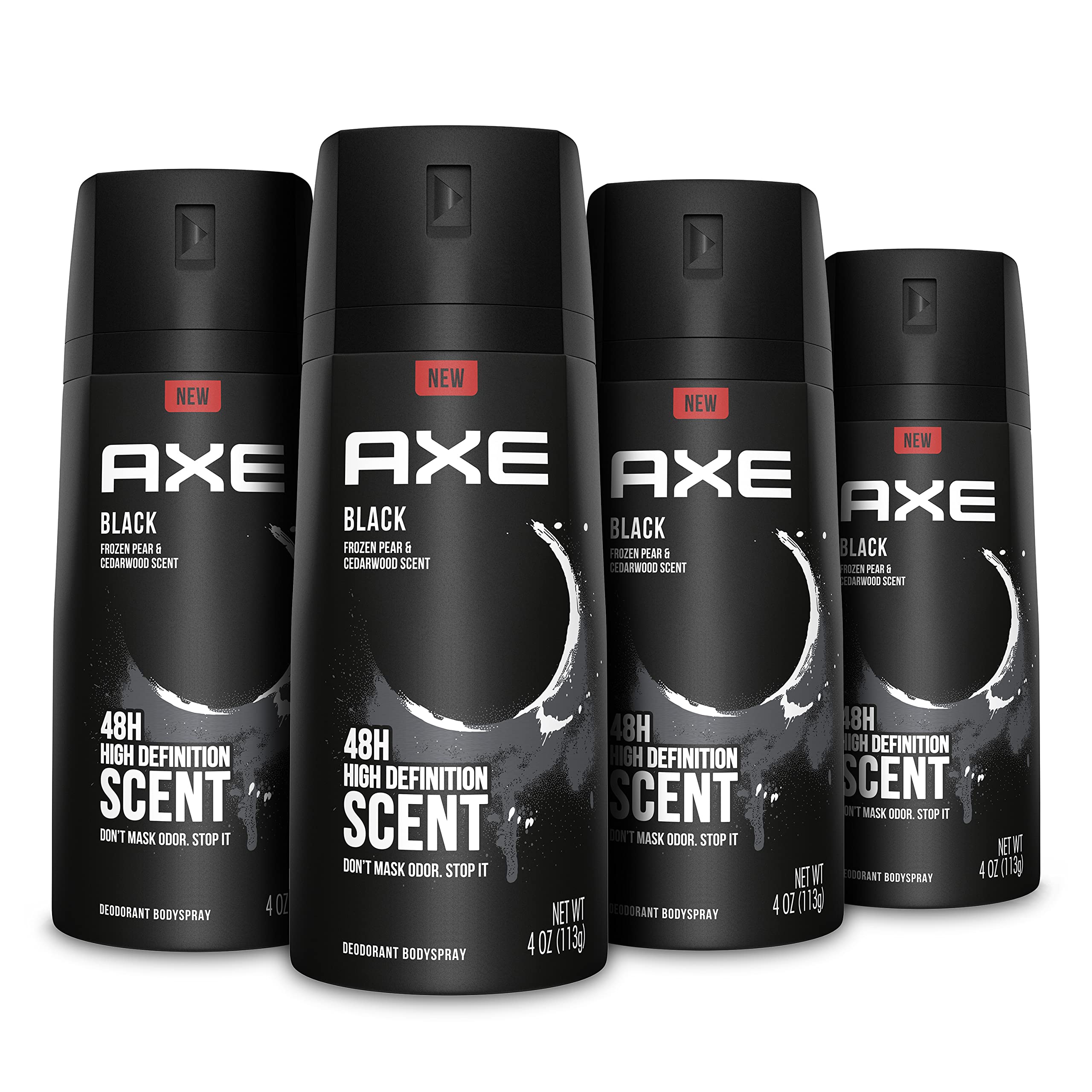 AXE Black body spray bottle shows frozen pear and cedarwood for lasting freshness.