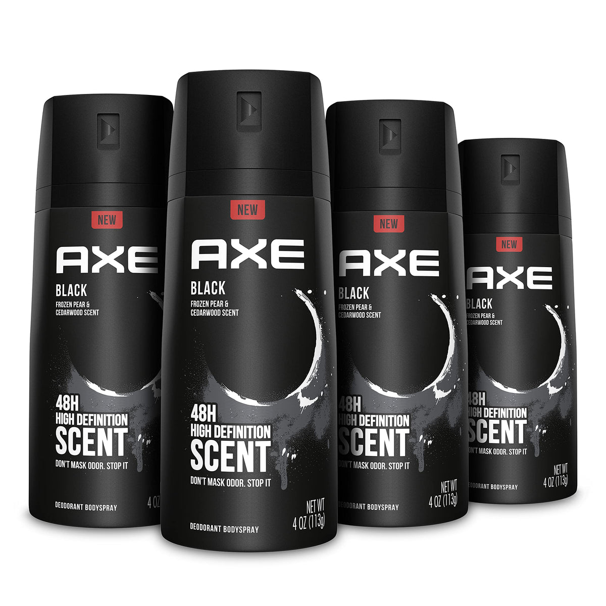 AXE Black body spray bottle shows frozen pear and cedarwood for lasting freshness.