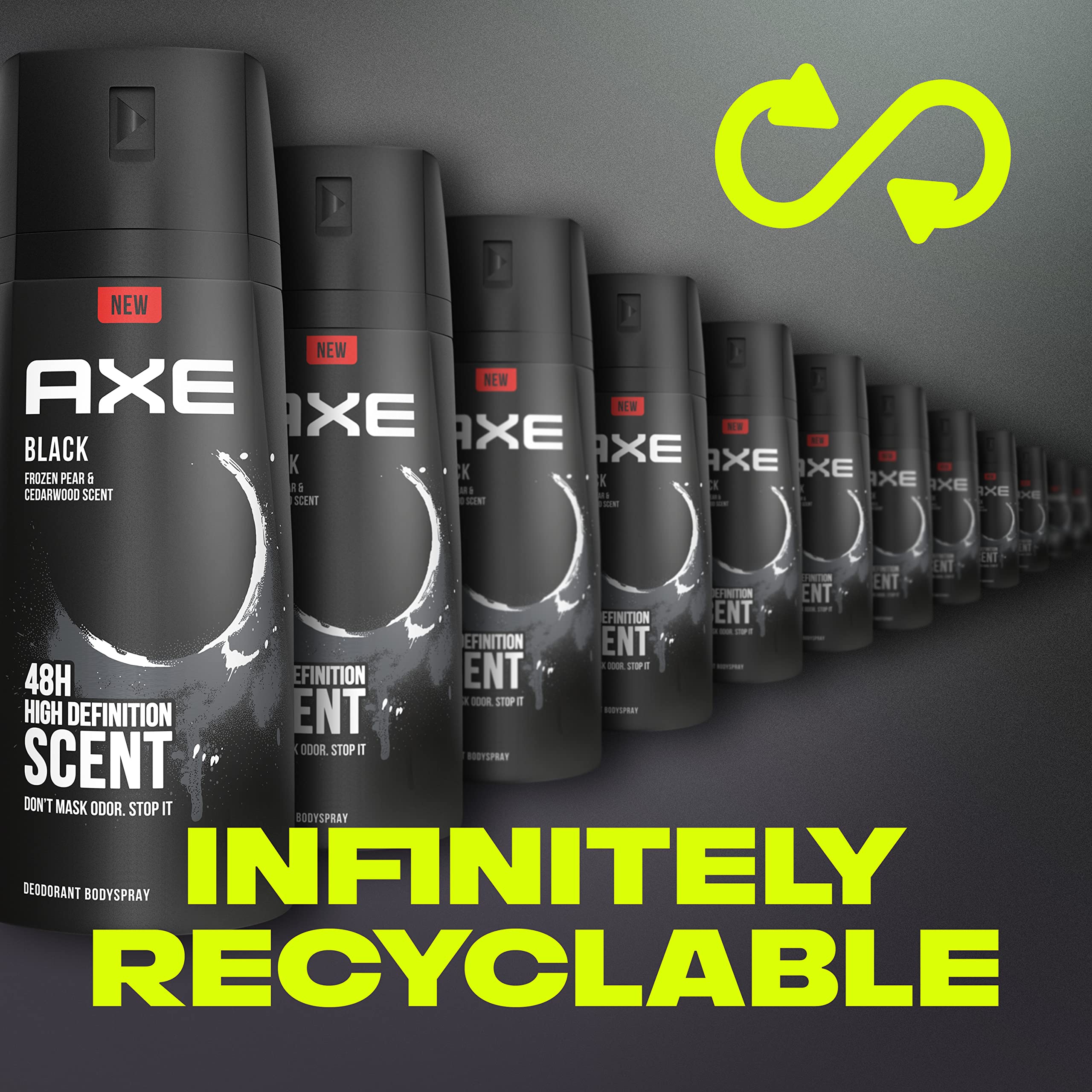 AXE Black aluminum-free formula noted alongside recyclable packaging inspiration.