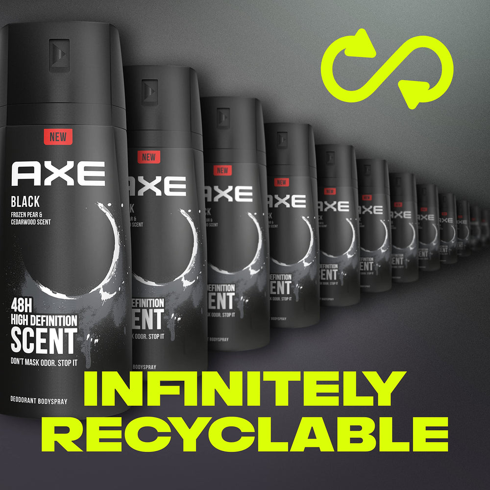 AXE Black aluminum-free formula noted alongside recyclable packaging inspiration.
