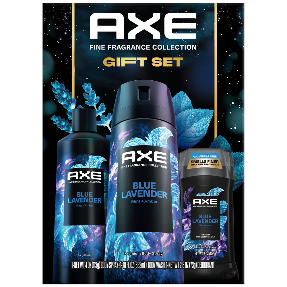 AXE Blue Lavender gift set box showing a complete grooming routine for modern men