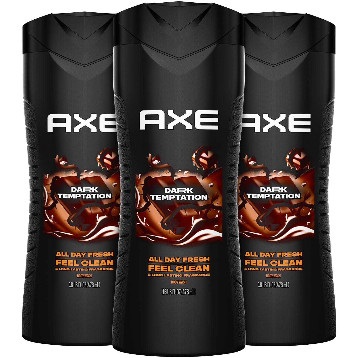 AXE Dark Temptation body wash 3-pack front view, lasting fragrance and refreshed skin.