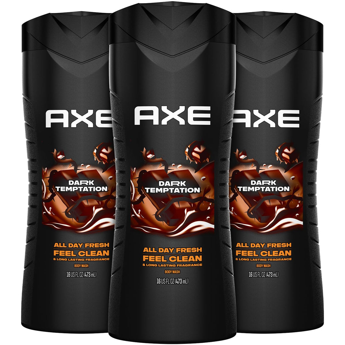 AXE Dark Temptation body wash 3-pack front view, lasting fragrance and refreshed skin.