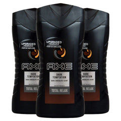 AXE Dark Temptation bottle-front image showcases a magnetic scent for energizing showers.