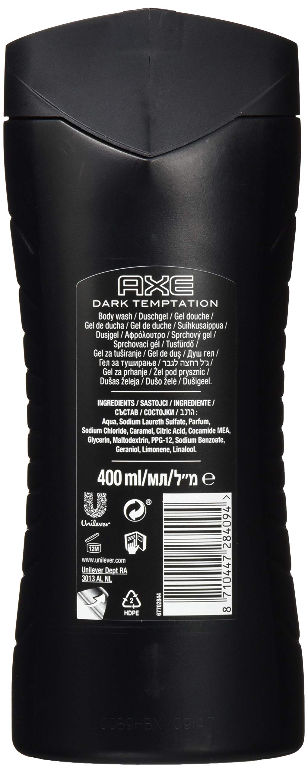 AXE Dark Temptation bottle pour illustrates easy use for quick shower rituals and lasting fragrance.