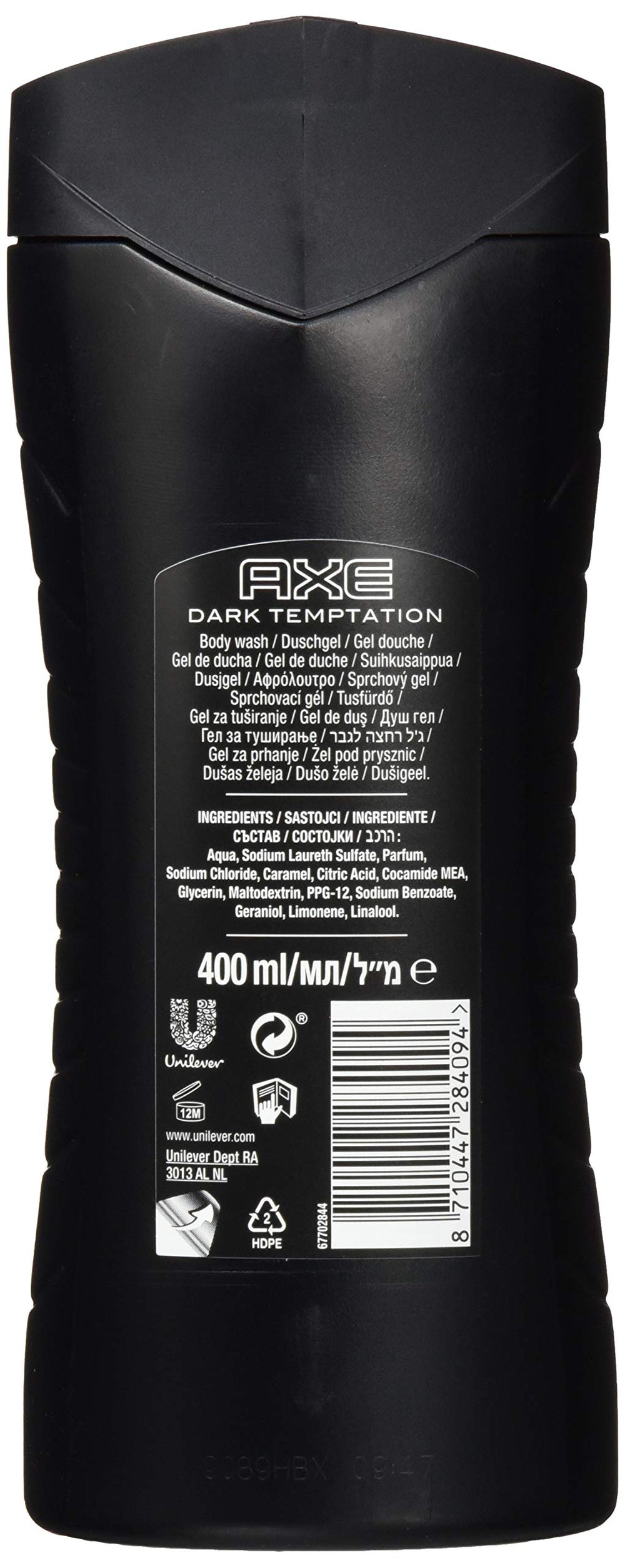 AXE Dark Temptation bottle pour illustrates easy use for quick shower rituals and lasting fragrance.