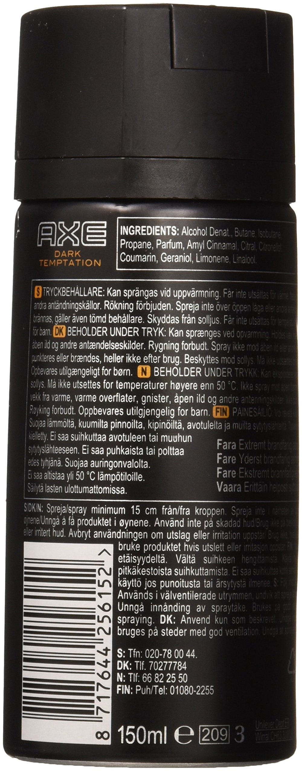 AXE Dark Temptation deodorant spray bottle displaying sleek, easy-to-use design