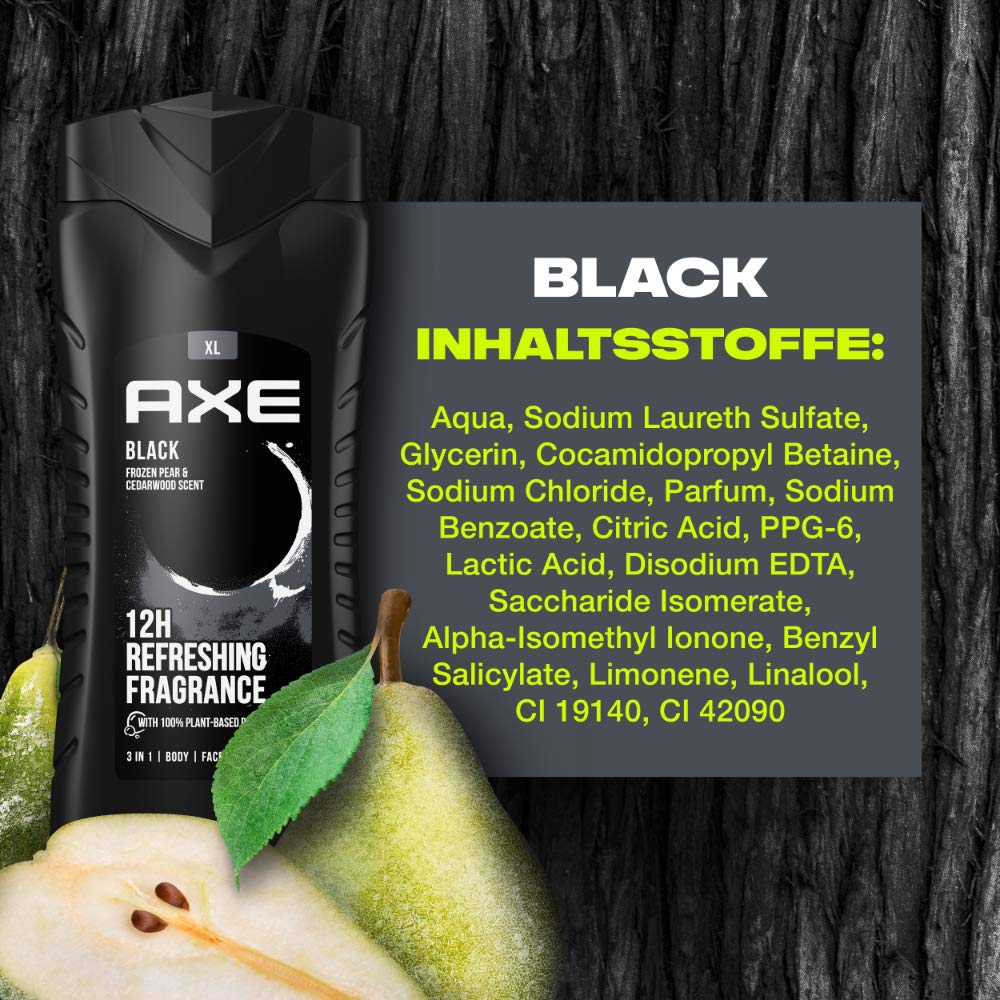 AXE Dark Temptation dermatology badge communicates skin-safe testing for daily shower use.