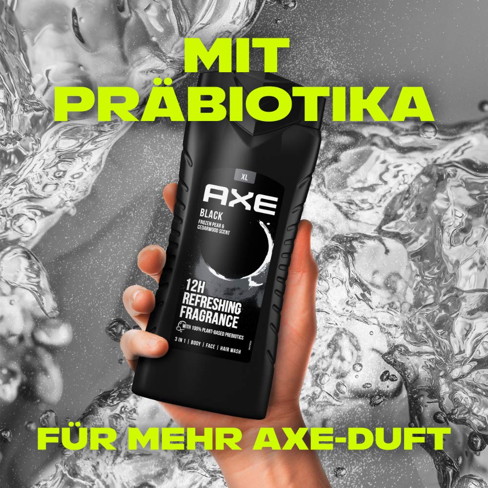 AXE Dark Temptation label closeup highlights signature scent notes and dermatological friendly formula.